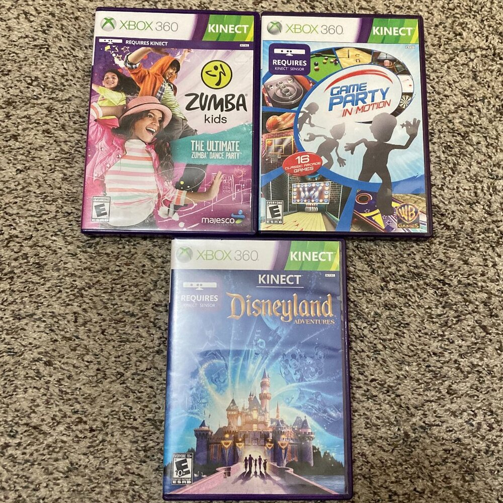 XBOX 360 Kinect Disneyland, Zumba Kids, Game Party in Motion - Lot of 3